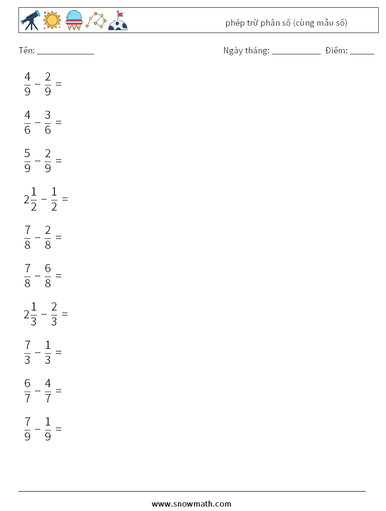 (10) phép trừ phân số (cùng mẫu số) Bảng tính toán học 10