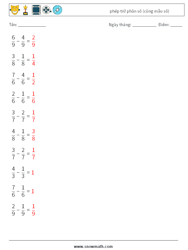 (10) phép trừ phân số (cùng mẫu số) Bảng tính toán học 11 Câu hỏi, câu trả lời