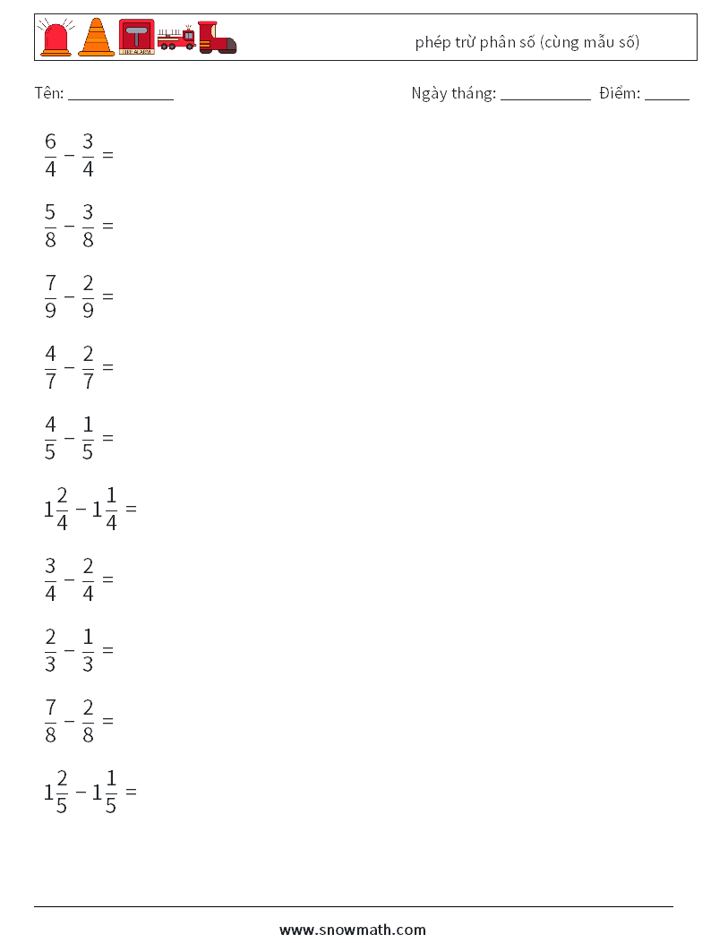 (10) phép trừ phân số (cùng mẫu số) Bảng tính toán học 18