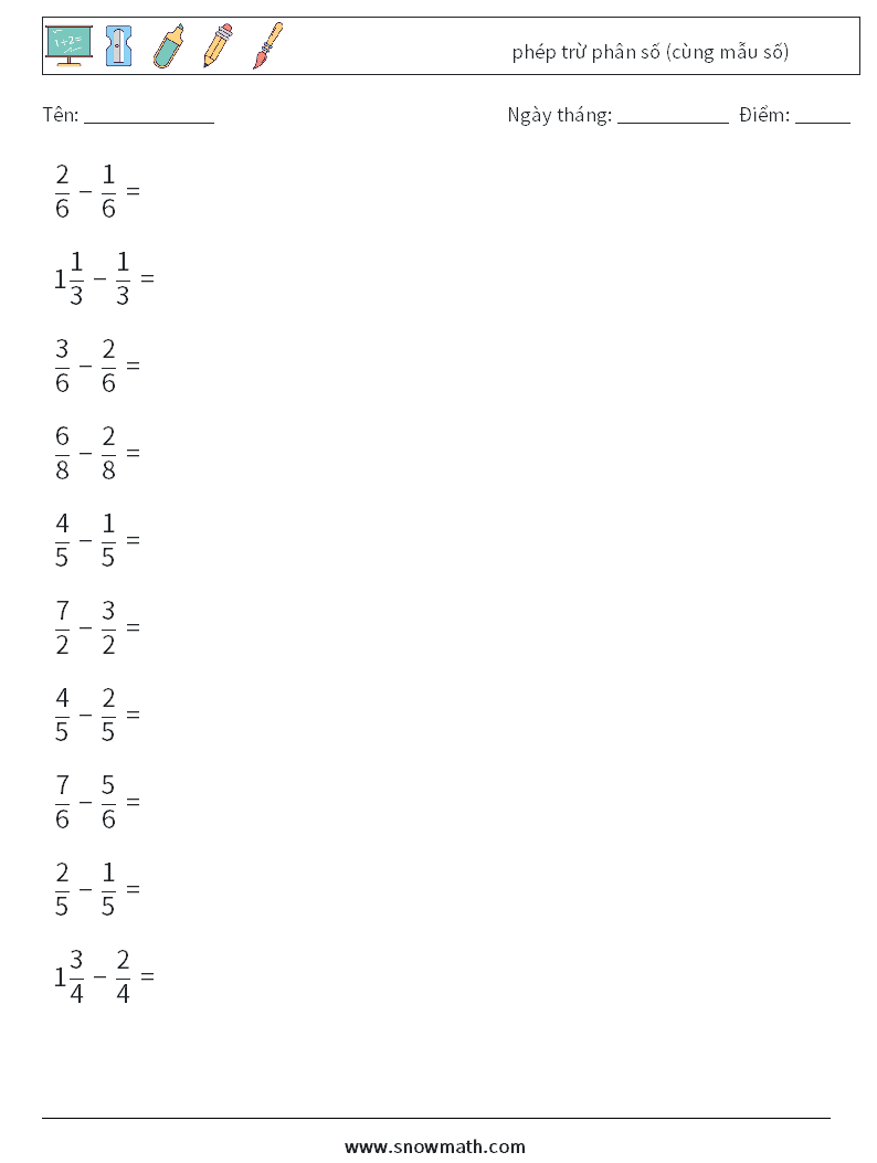 (10) phép trừ phân số (cùng mẫu số) Bảng tính toán học 2