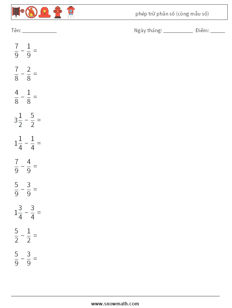 (10) phép trừ phân số (cùng mẫu số) Bảng tính toán học 9