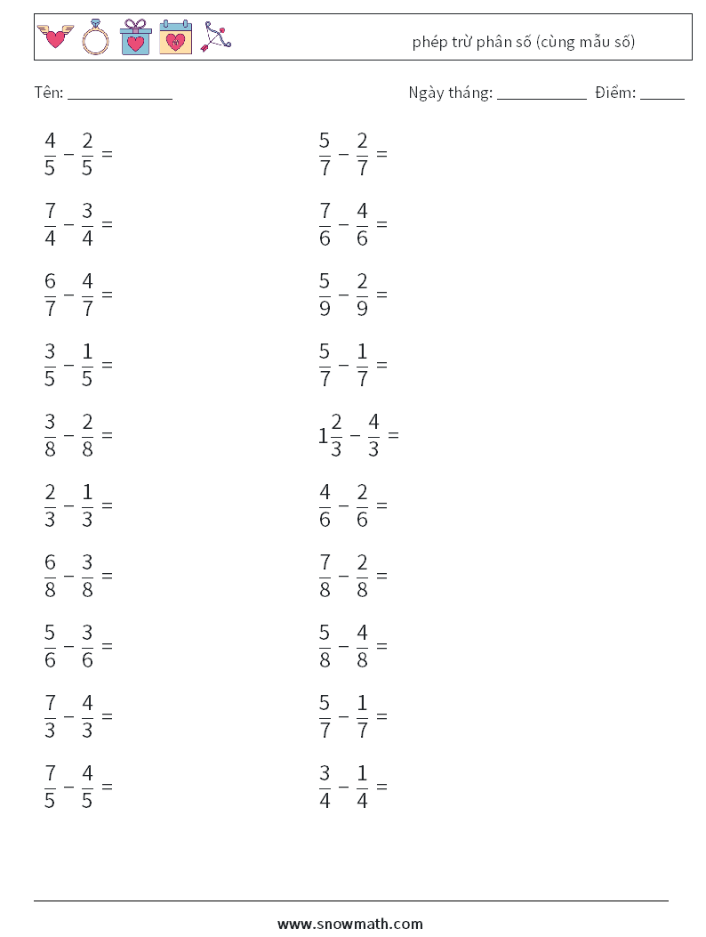 (20) phép trừ phân số (cùng mẫu số) Bảng tính toán học 11
