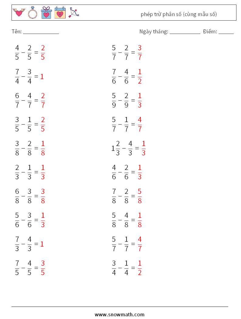 (20) phép trừ phân số (cùng mẫu số) Bảng tính toán học 11 Câu hỏi, câu trả lời