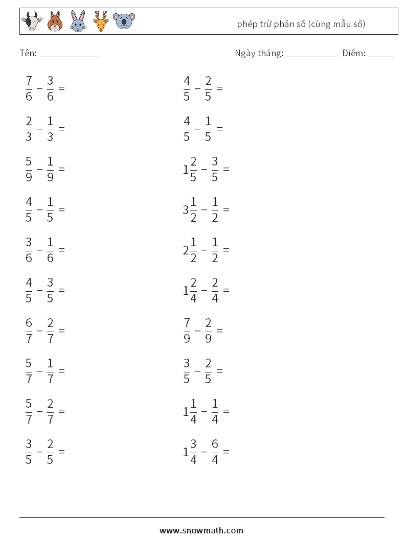 (20) phép trừ phân số (cùng mẫu số) Bảng tính toán học 12