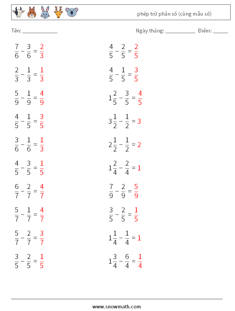 (20) phép trừ phân số (cùng mẫu số) Bảng tính toán học 12 Câu hỏi, câu trả lời