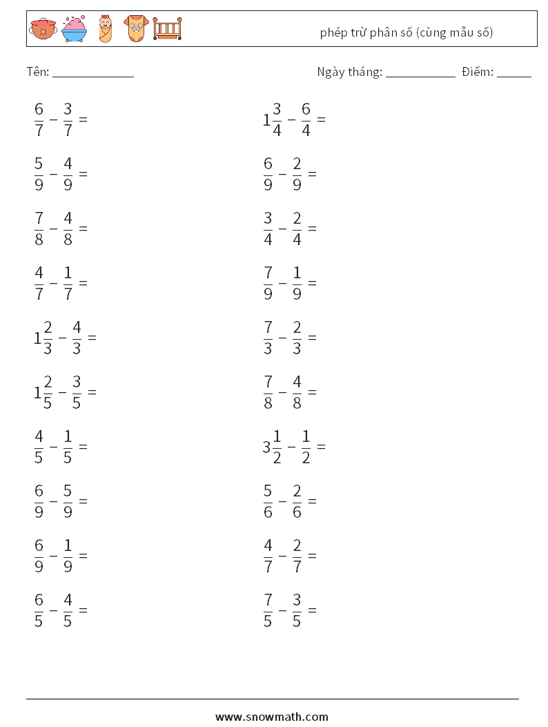 (20) phép trừ phân số (cùng mẫu số) Bảng tính toán học 13