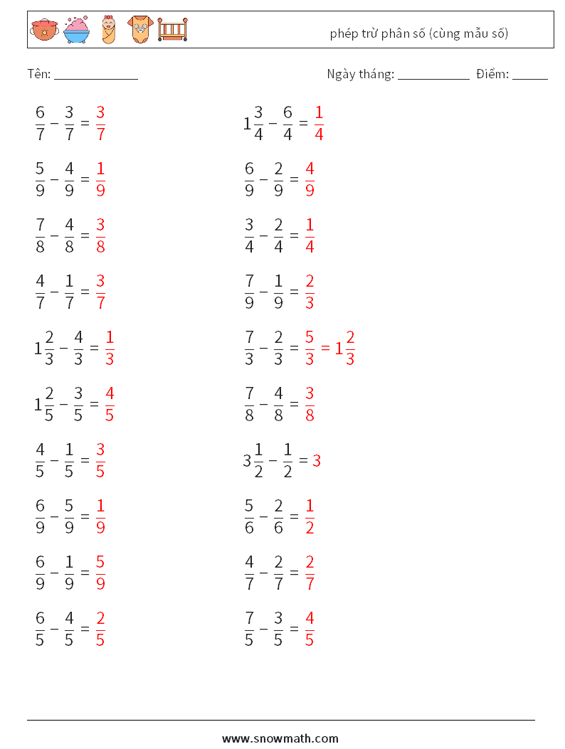 (20) phép trừ phân số (cùng mẫu số) Bảng tính toán học 13 Câu hỏi, câu trả lời