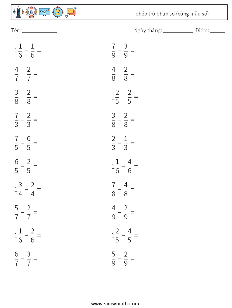 (20) phép trừ phân số (cùng mẫu số) Bảng tính toán học 14