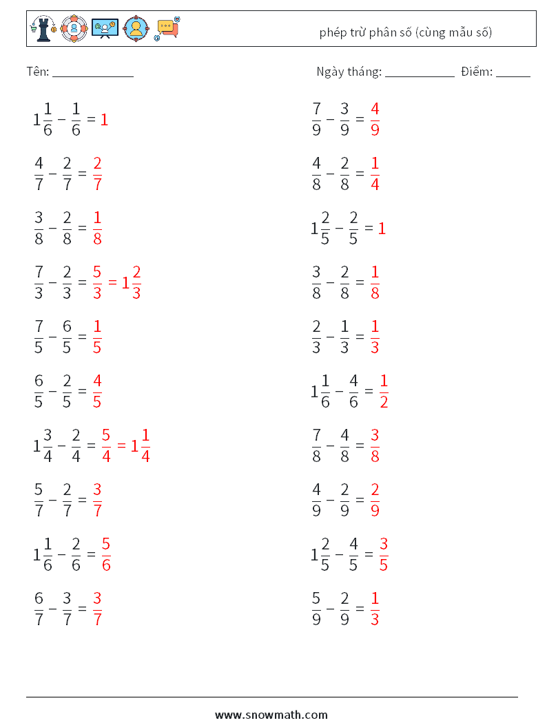 (20) phép trừ phân số (cùng mẫu số) Bảng tính toán học 14 Câu hỏi, câu trả lời