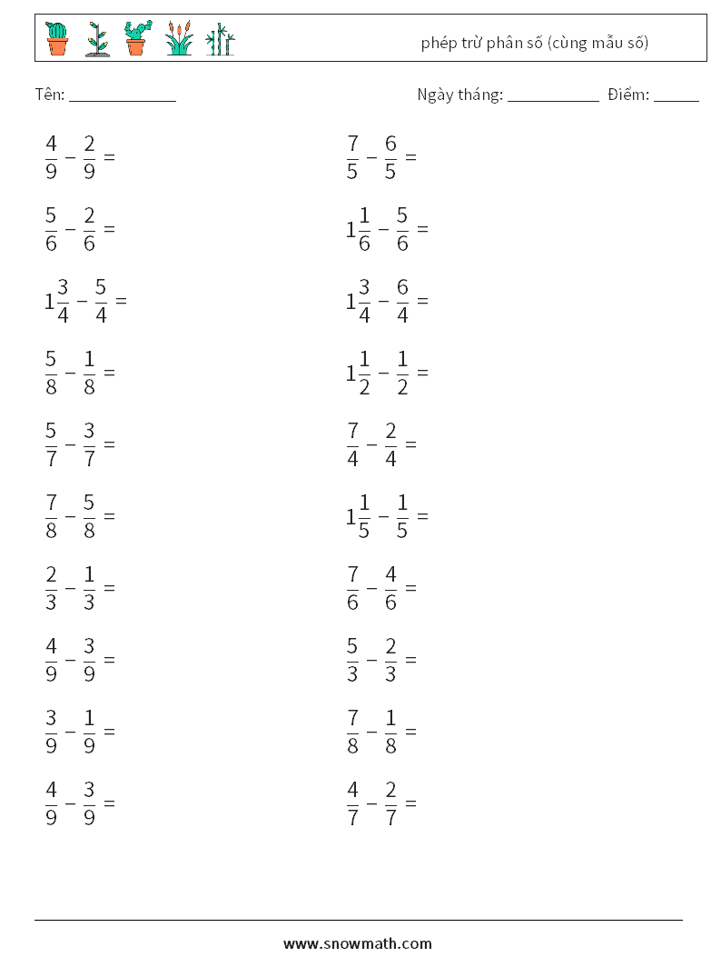(20) phép trừ phân số (cùng mẫu số) Bảng tính toán học 15