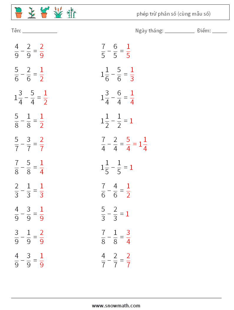 (20) phép trừ phân số (cùng mẫu số) Bảng tính toán học 15 Câu hỏi, câu trả lời