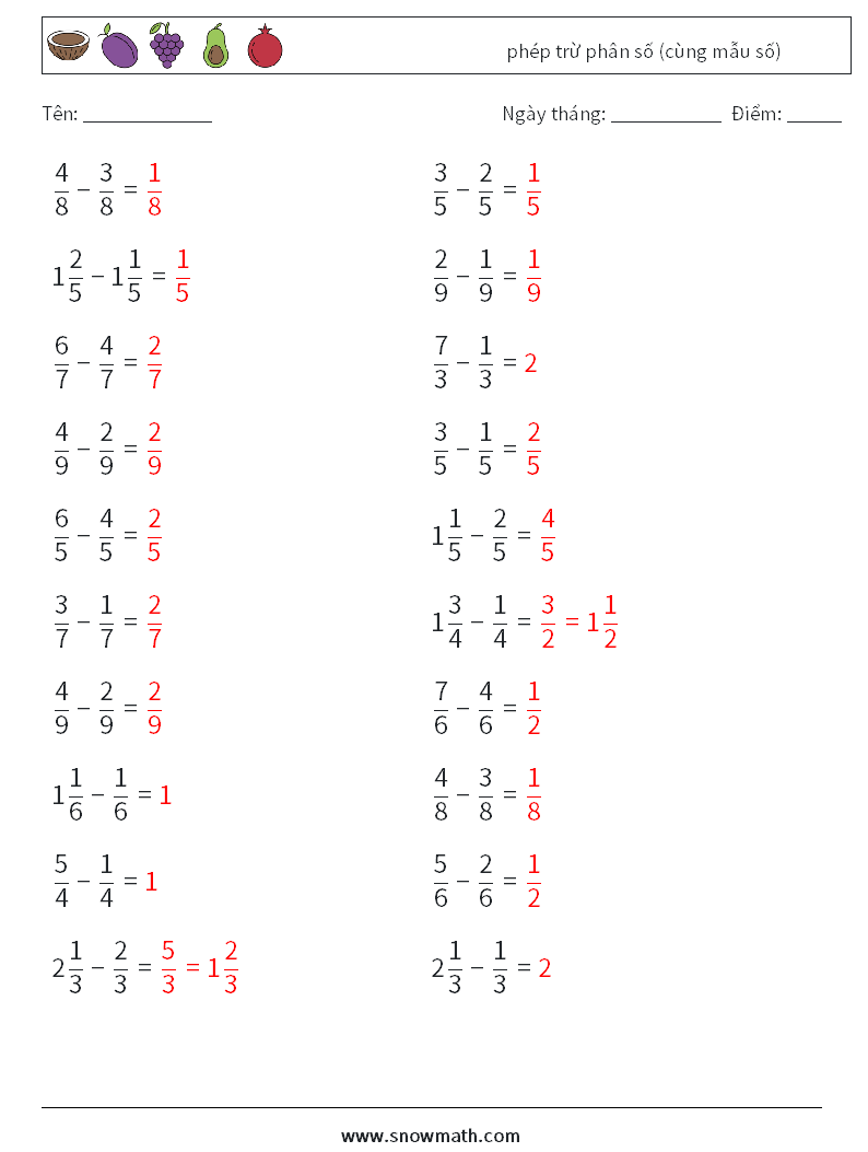 (20) phép trừ phân số (cùng mẫu số) Bảng tính toán học 16 Câu hỏi, câu trả lời