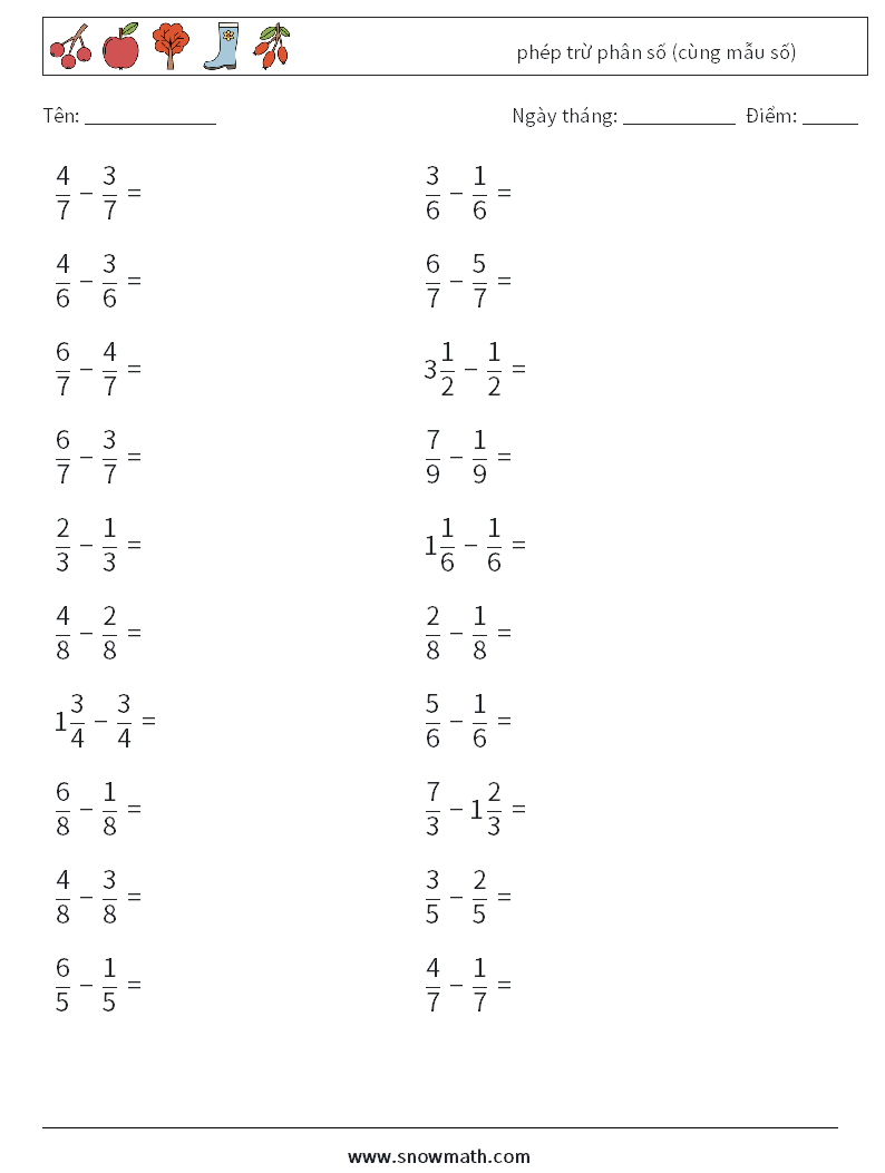 (20) phép trừ phân số (cùng mẫu số) Bảng tính toán học 17