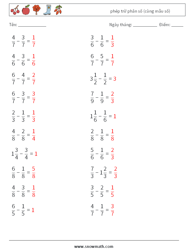 (20) phép trừ phân số (cùng mẫu số) Bảng tính toán học 17 Câu hỏi, câu trả lời