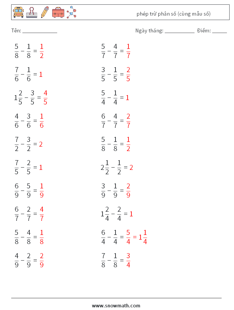 (20) phép trừ phân số (cùng mẫu số) Bảng tính toán học 18 Câu hỏi, câu trả lời