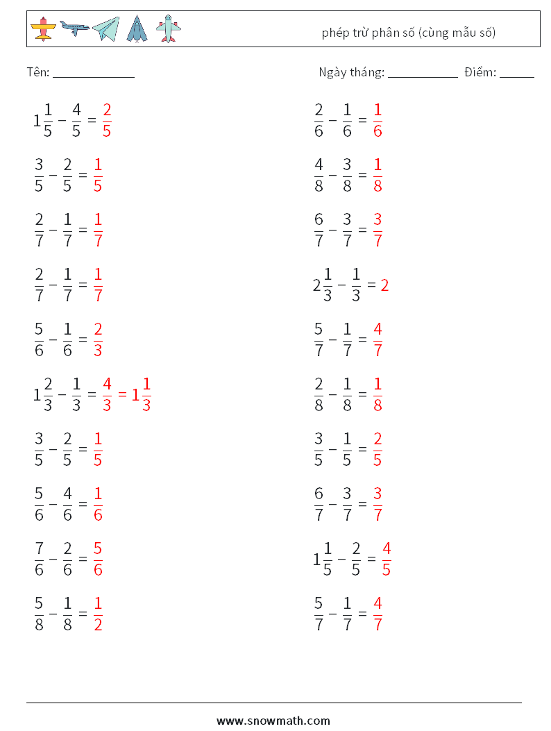 (20) phép trừ phân số (cùng mẫu số) Bảng tính toán học 1 Câu hỏi, câu trả lời