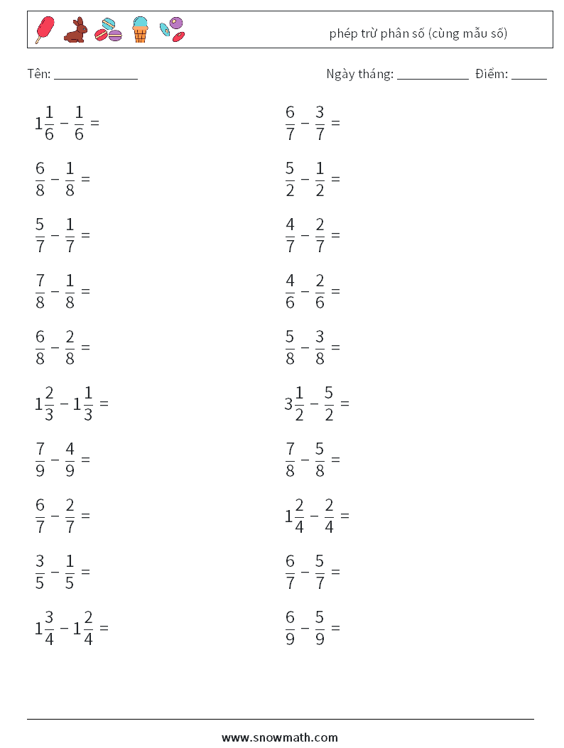 (20) phép trừ phân số (cùng mẫu số) Bảng tính toán học 2