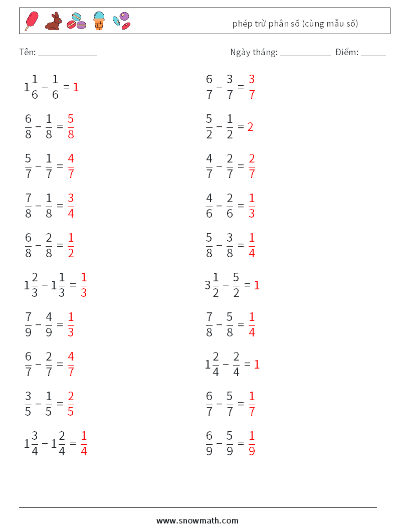 (20) phép trừ phân số (cùng mẫu số) Bảng tính toán học 2 Câu hỏi, câu trả lời