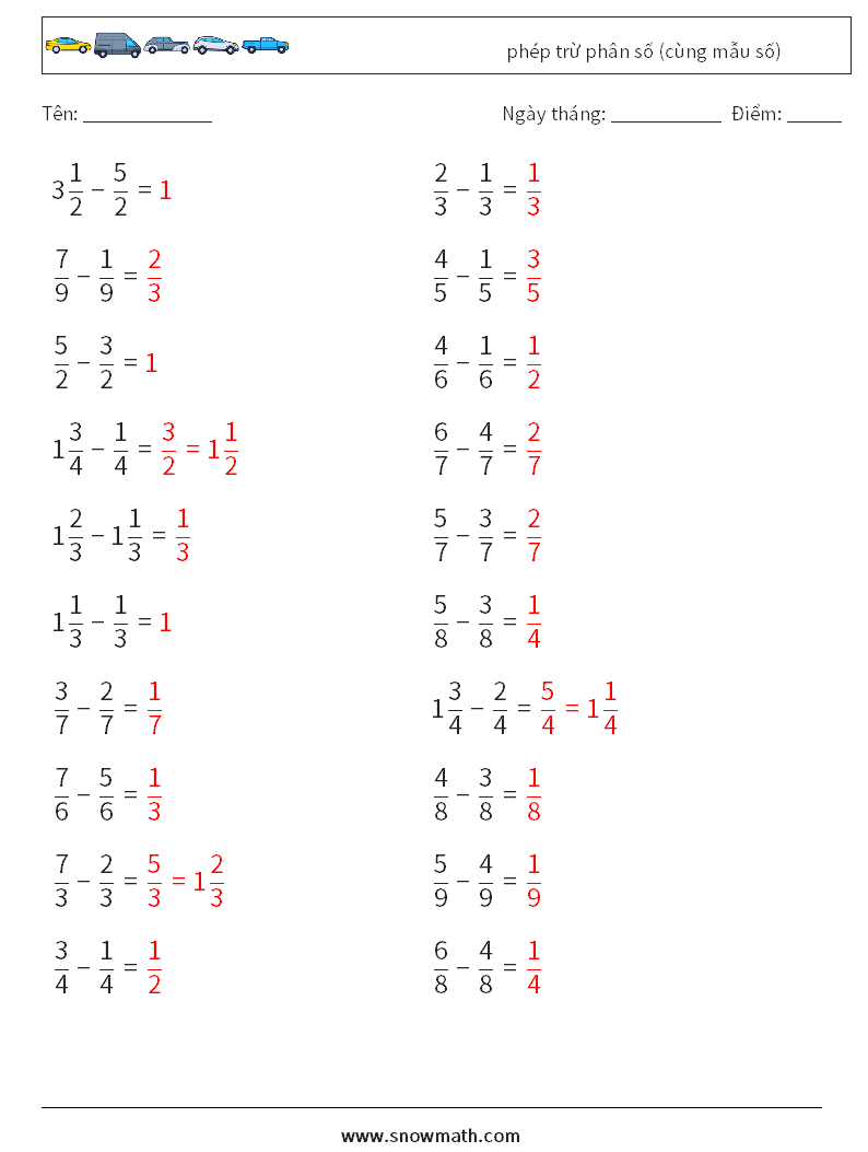 (20) phép trừ phân số (cùng mẫu số) Bảng tính toán học 4 Câu hỏi, câu trả lời