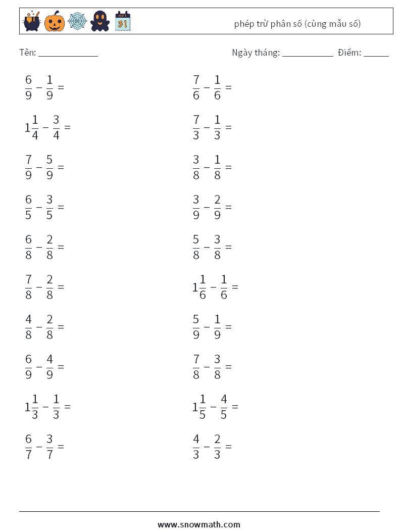 (20) phép trừ phân số (cùng mẫu số) Bảng tính toán học 5