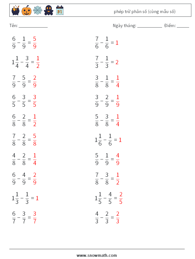 (20) phép trừ phân số (cùng mẫu số) Bảng tính toán học 5 Câu hỏi, câu trả lời