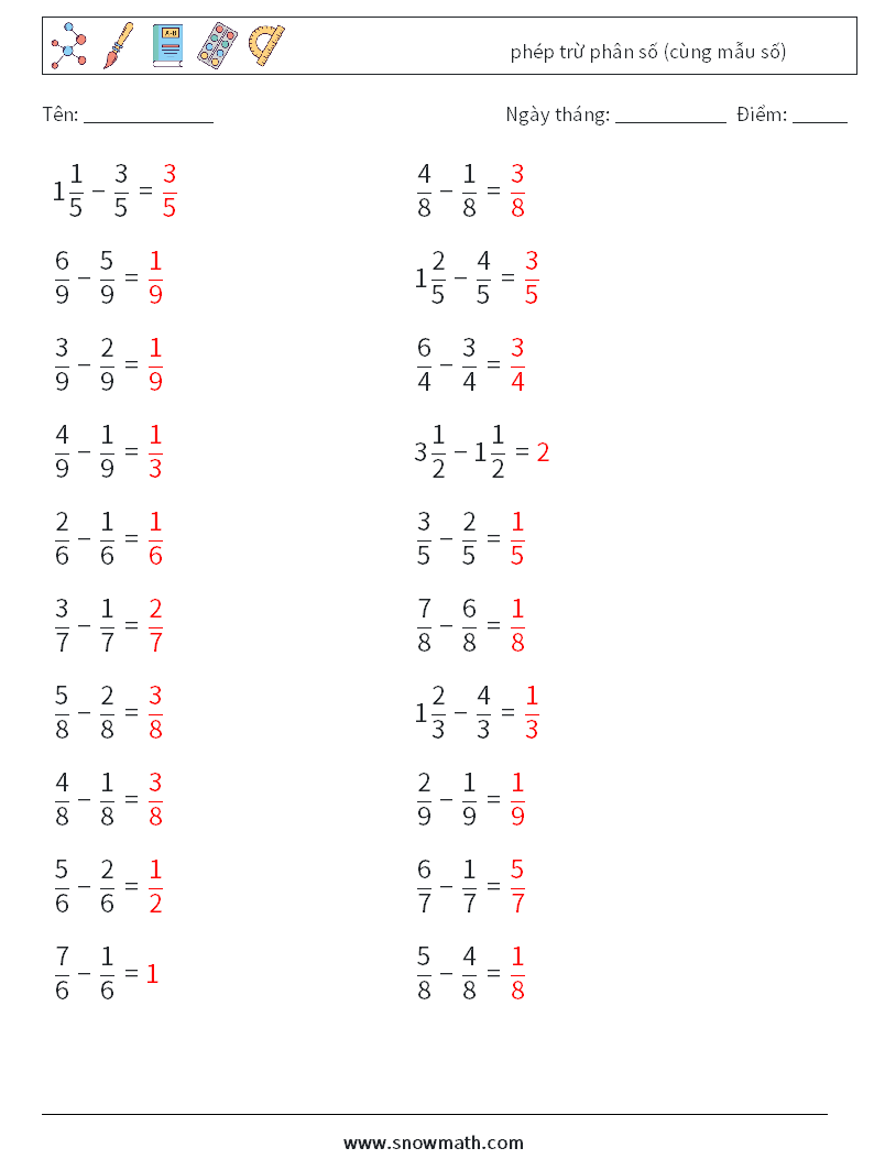 (20) phép trừ phân số (cùng mẫu số) Bảng tính toán học 7 Câu hỏi, câu trả lời