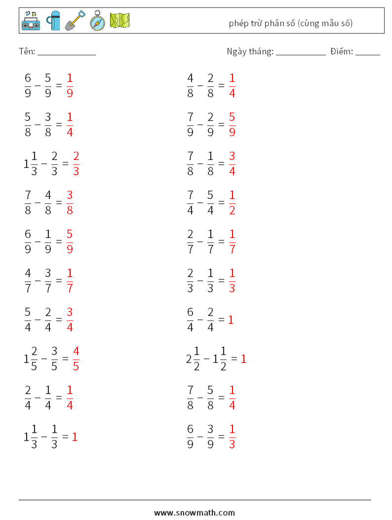 (20) phép trừ phân số (cùng mẫu số) Bảng tính toán học 8 Câu hỏi, câu trả lời