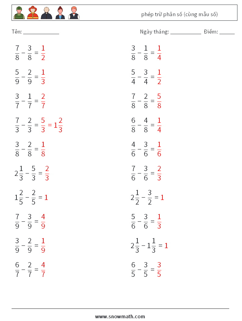 (20) phép trừ phân số (cùng mẫu số) Bảng tính toán học 9 Câu hỏi, câu trả lời
