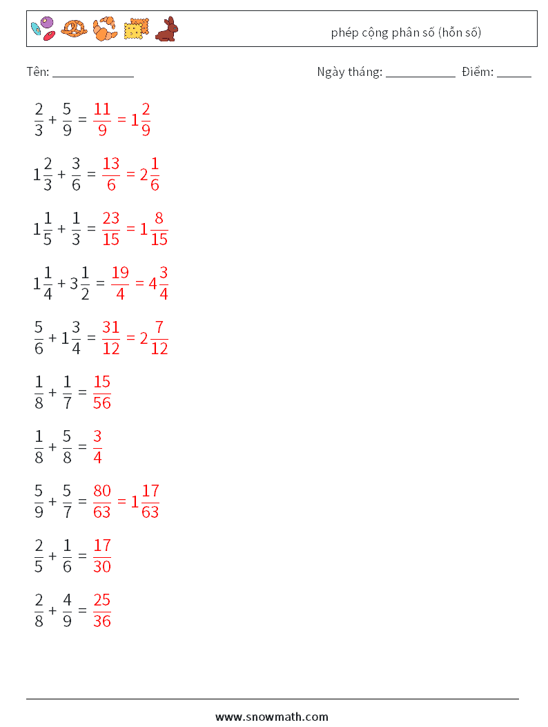 (10) phép cộng phân số (hỗn số) Bảng tính toán học 13 Câu hỏi, câu trả lời