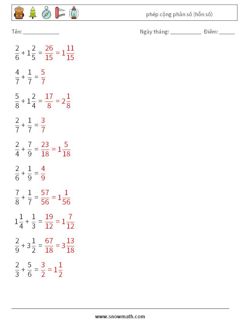 (10) phép cộng phân số (hỗn số) Bảng tính toán học 16 Câu hỏi, câu trả lời