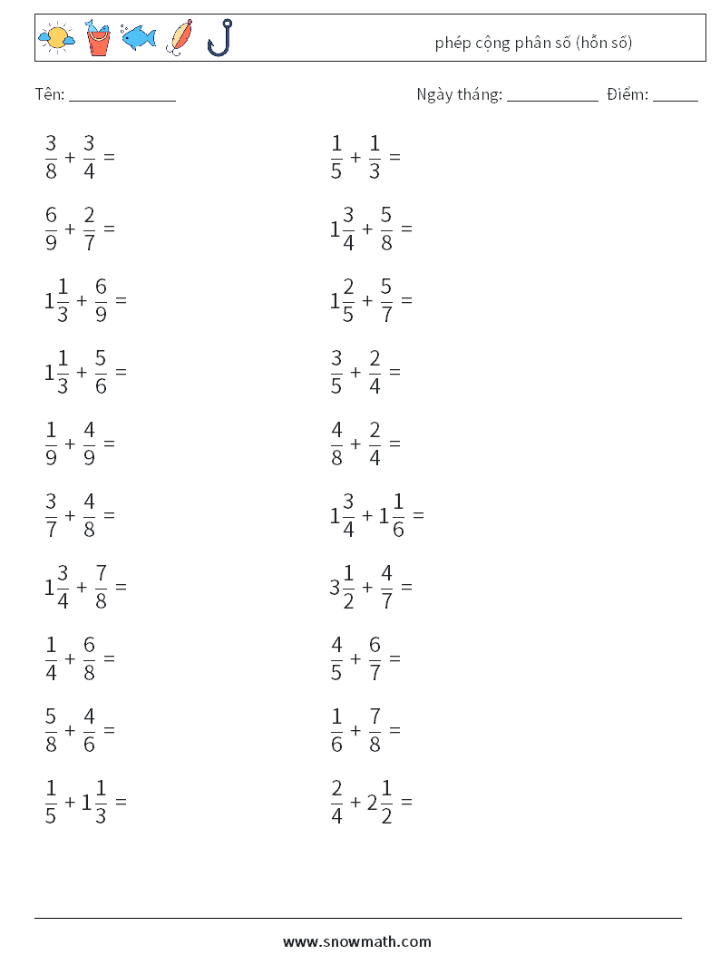 (20) phép cộng phân số (hỗn số) Bảng tính toán học 4