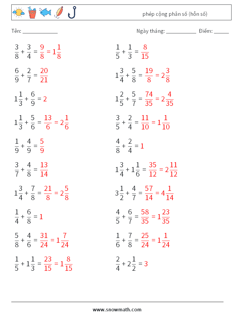 (20) phép cộng phân số (hỗn số) Bảng tính toán học 4 Câu hỏi, câu trả lời