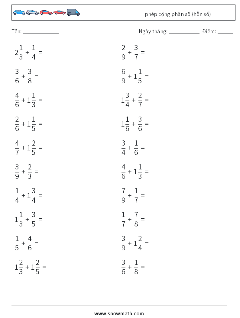 (20) phép cộng phân số (hỗn số) Bảng tính toán học 5