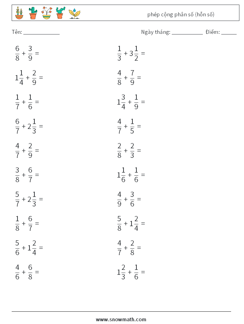 (20) phép cộng phân số (hỗn số) Bảng tính toán học 7