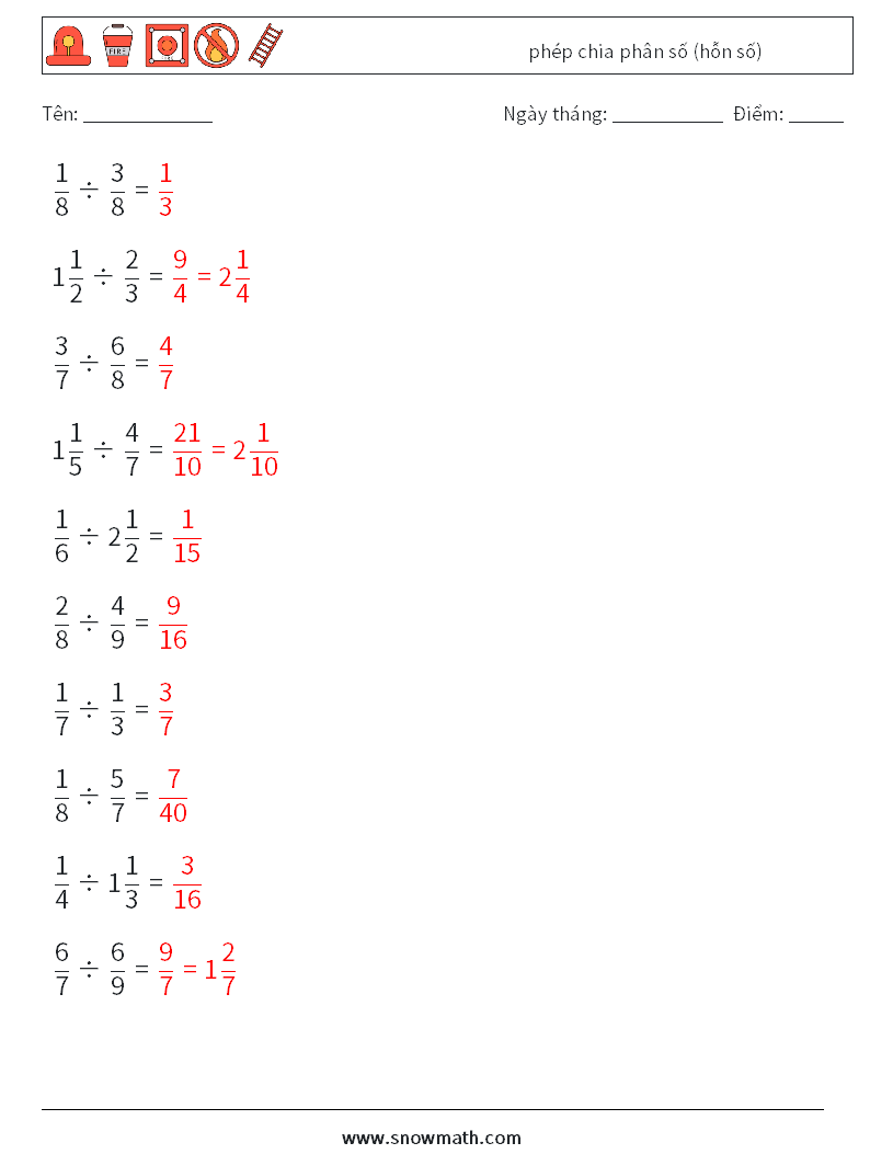 (10) phép chia phân số (hỗn số) Bảng tính toán học 13 Câu hỏi, câu trả lời