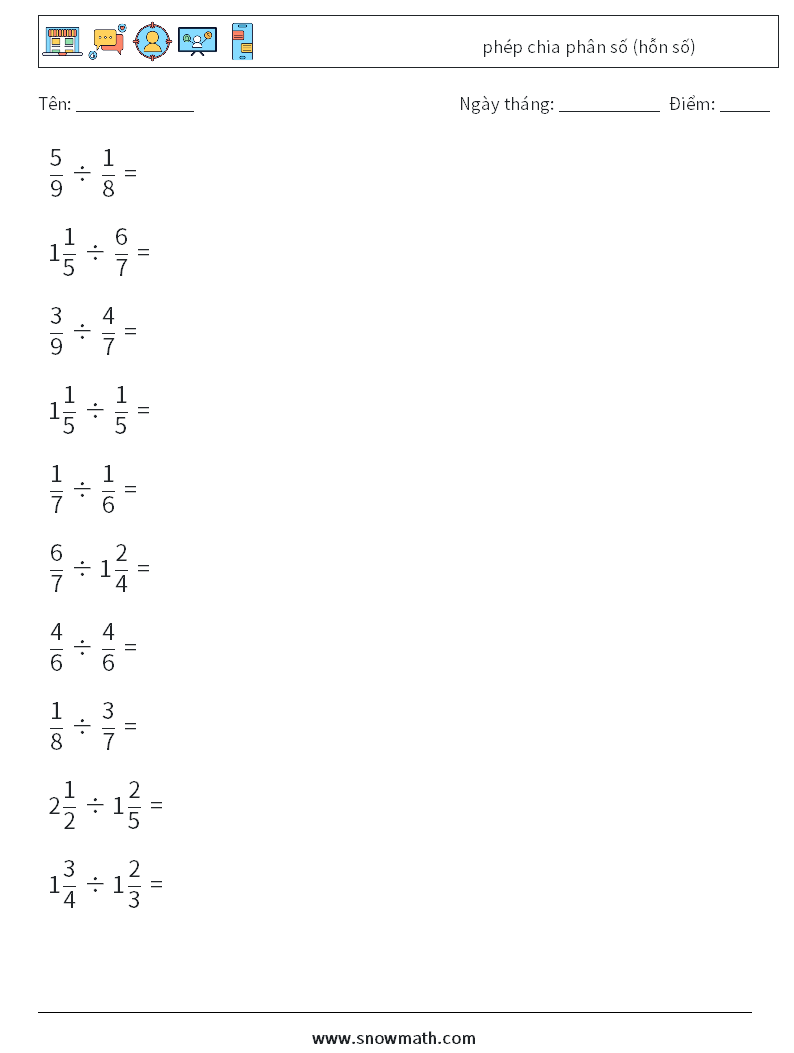 (10) phép chia phân số (hỗn số) Bảng tính toán học 15
