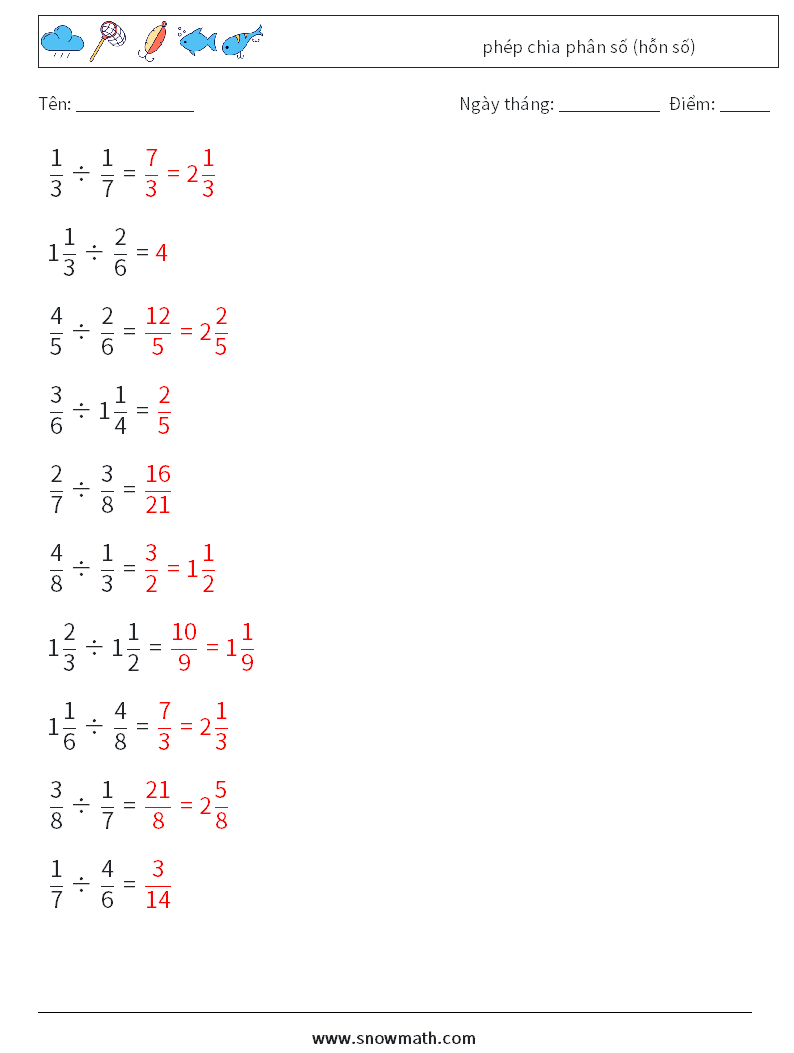 (10) phép chia phân số (hỗn số) Bảng tính toán học 17 Câu hỏi, câu trả lời