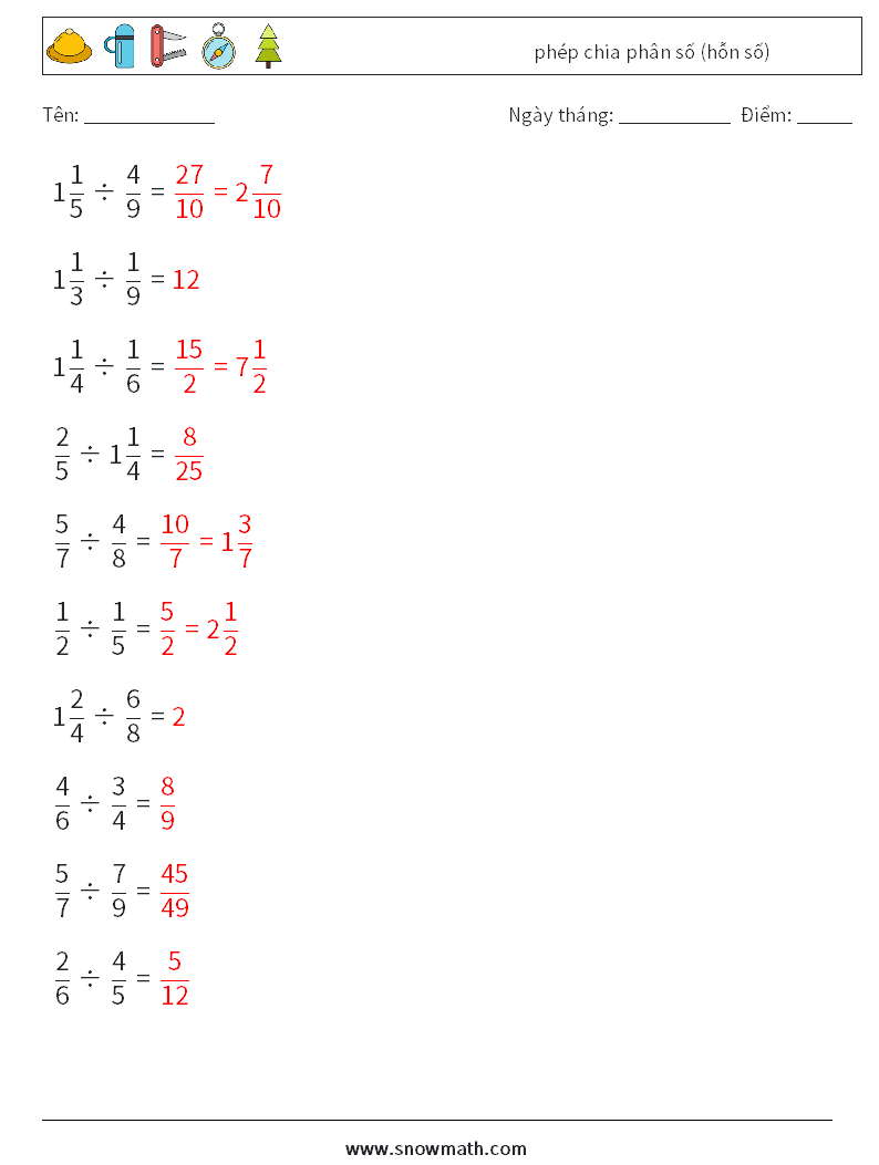 (10) phép chia phân số (hỗn số) Bảng tính toán học 18 Câu hỏi, câu trả lời