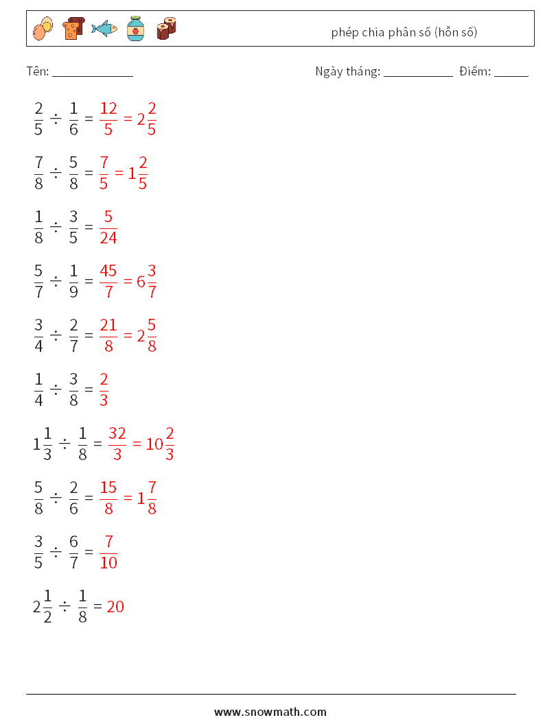 (10) phép chia phân số (hỗn số) Bảng tính toán học 8 Câu hỏi, câu trả lời