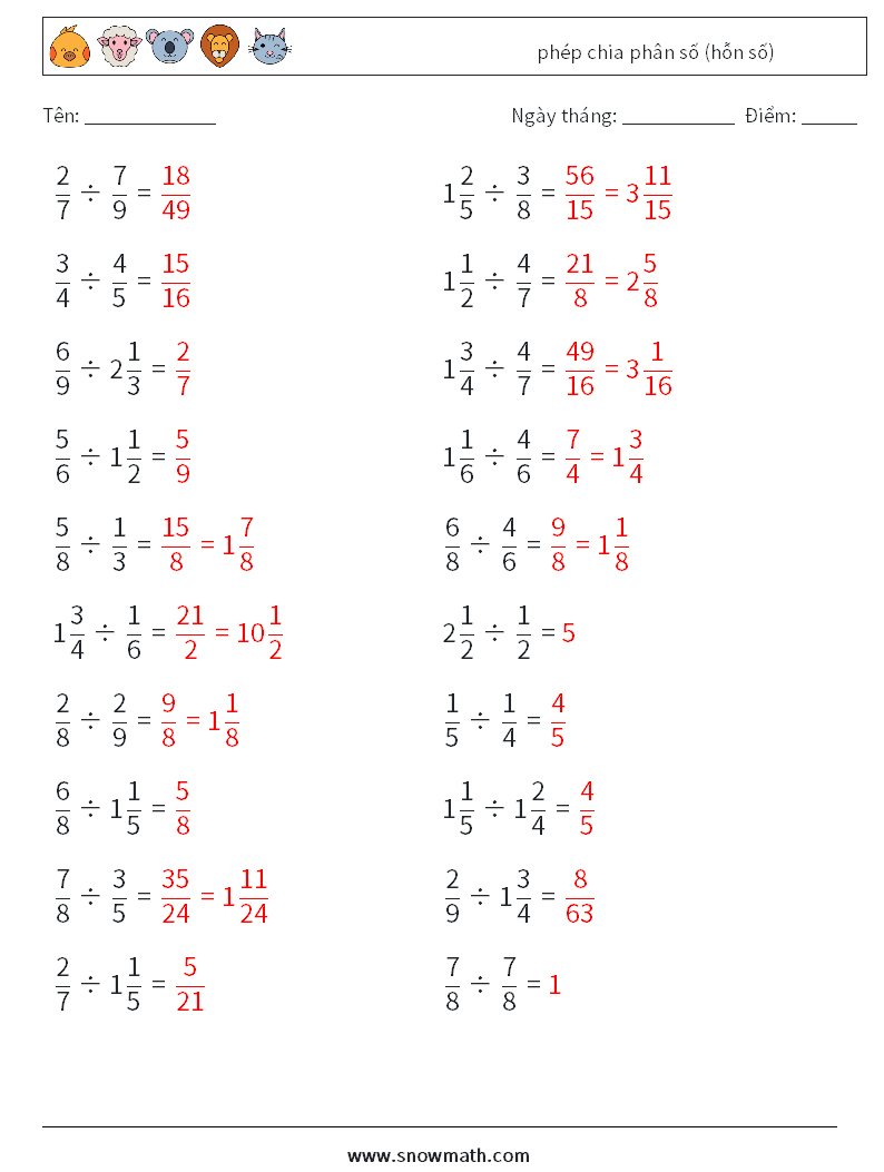 (20) phép chia phân số (hỗn số) Bảng tính toán học 5 Câu hỏi, câu trả lời