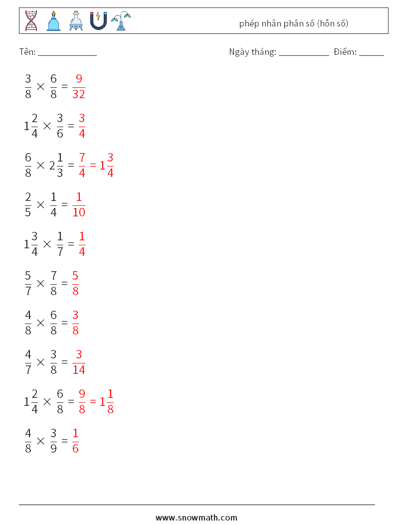 (10) phép nhân phân số (hỗn số) Bảng tính toán học 10 Câu hỏi, câu trả lời