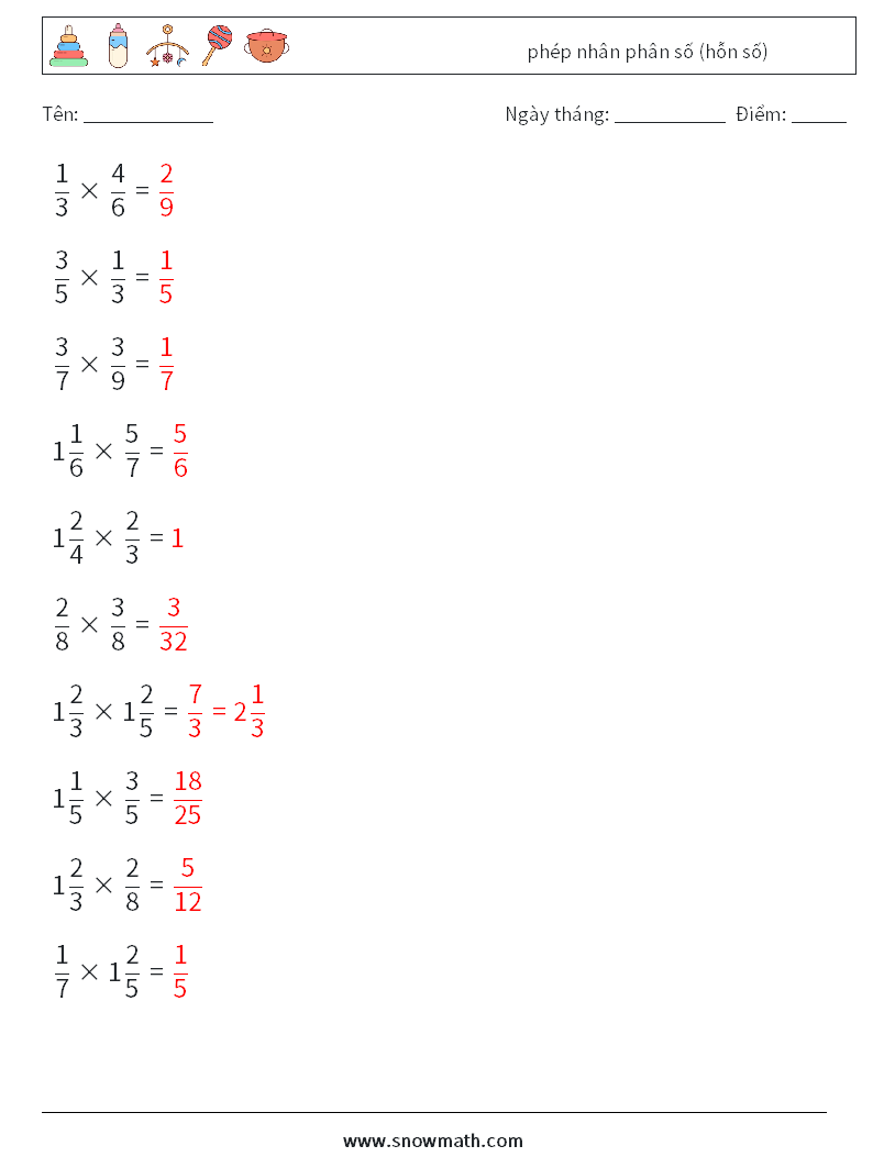 (10) phép nhân phân số (hỗn số) Bảng tính toán học 13 Câu hỏi, câu trả lời