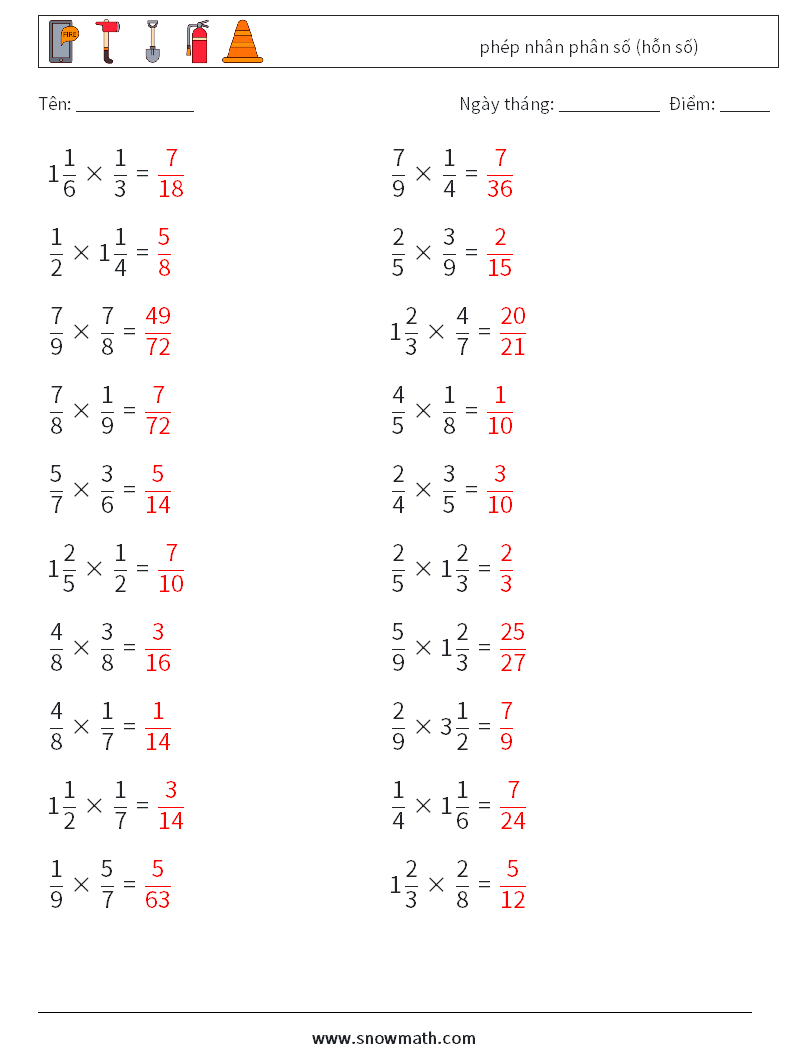 (20) phép nhân phân số (hỗn số) Bảng tính toán học 11 Câu hỏi, câu trả lời