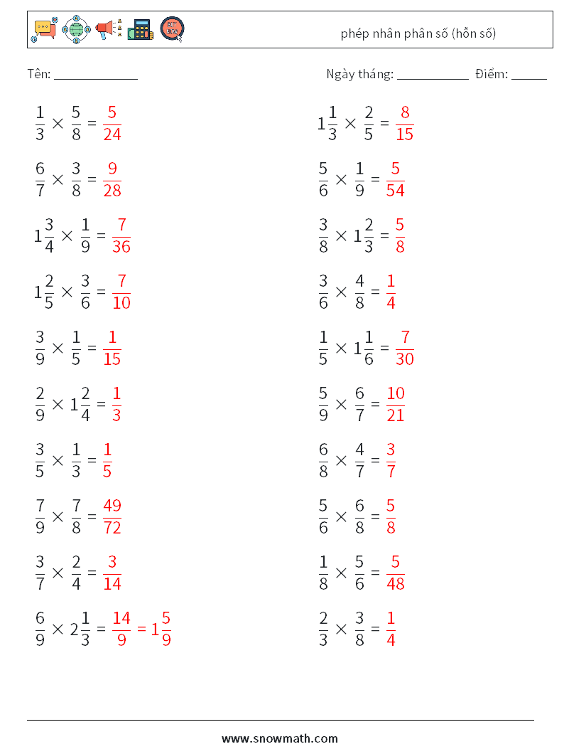 (20) phép nhân phân số (hỗn số) Bảng tính toán học 12 Câu hỏi, câu trả lời