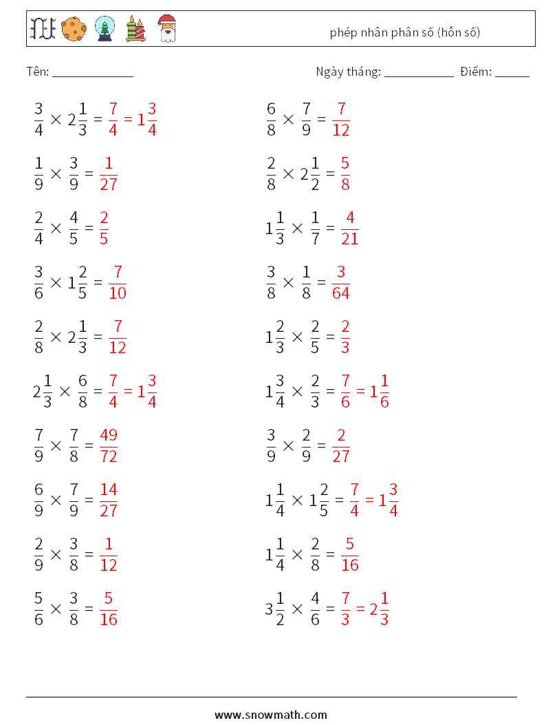 (20) phép nhân phân số (hỗn số) Bảng tính toán học 13 Câu hỏi, câu trả lời