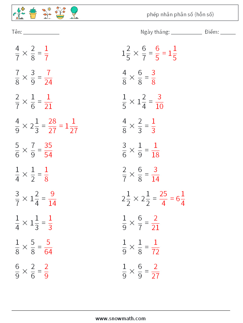 (20) phép nhân phân số (hỗn số) Bảng tính toán học 14 Câu hỏi, câu trả lời