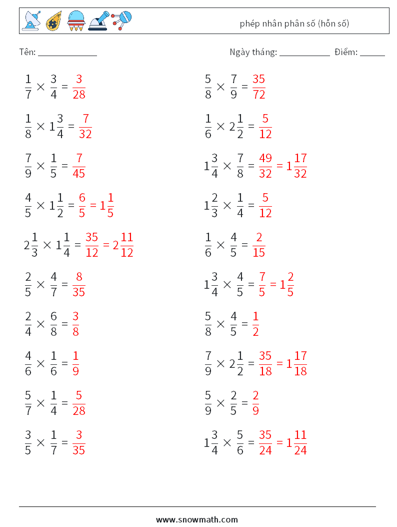 (20) phép nhân phân số (hỗn số) Bảng tính toán học 15 Câu hỏi, câu trả lời