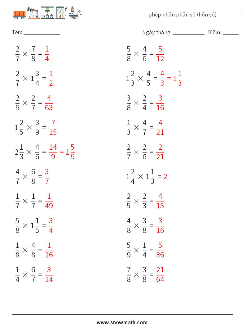 (20) phép nhân phân số (hỗn số) Bảng tính toán học 16 Câu hỏi, câu trả lời