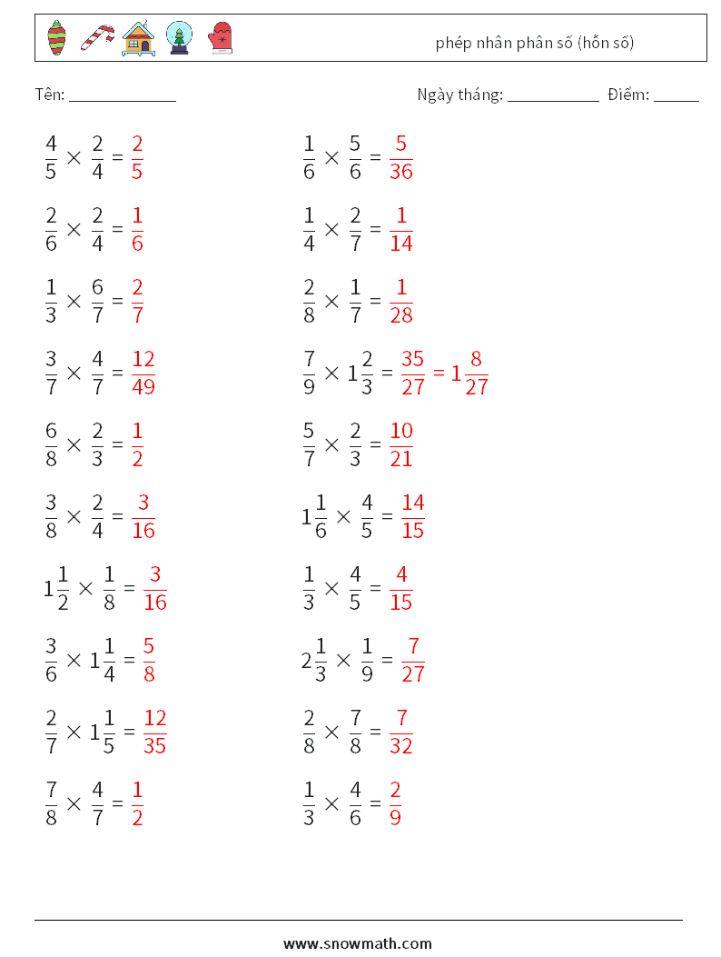 (20) phép nhân phân số (hỗn số) Bảng tính toán học 17 Câu hỏi, câu trả lời