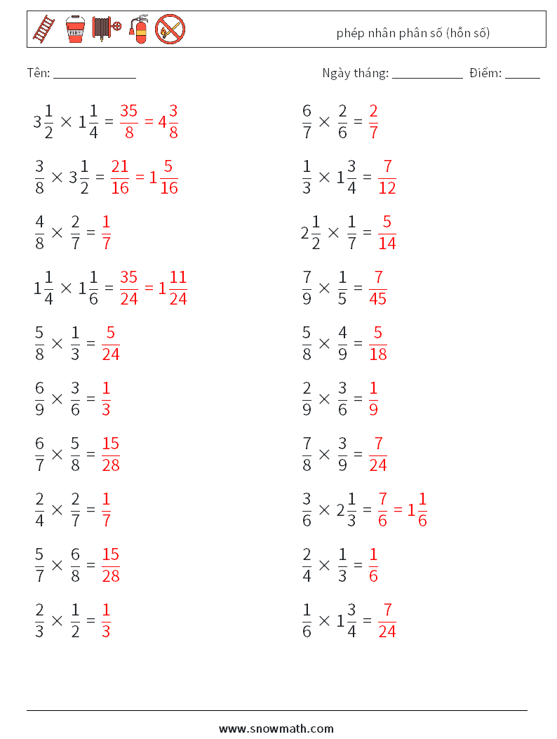 (20) phép nhân phân số (hỗn số) Bảng tính toán học 18 Câu hỏi, câu trả lời